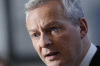 FILE - In this Friday, Jan. 12, 2018 file picture French Finance Minister Bruno Le Maire speaks to reporters in Paris. France's finance minister is calling some British politicians "liars" who fooled voters into thinking leaving the EU would be in their interests. (AP Photo/Francois Mori, File)