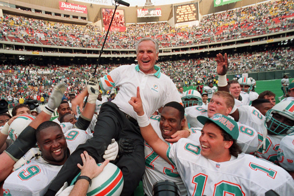 The winningest coach in NFL history, Shula led the Miami Dolphins to an undefeated, title-winning season in 1972 on his way to a league-record 347 victories. In his 33 seasons as a head coach, Shula posted only two losing campaigns. One of the great marks of Shula’s Hall of Fame career was his adaptability. His early Miami teams were built on defense and running (the 1972 team only threw the ball 259 times in 14 regular-season games), but he quickly changed to a passing offense when Dan Marino came to town. Shula, who won two Super Bowls with Miami, was 90. (AP Photo/ George Widman)