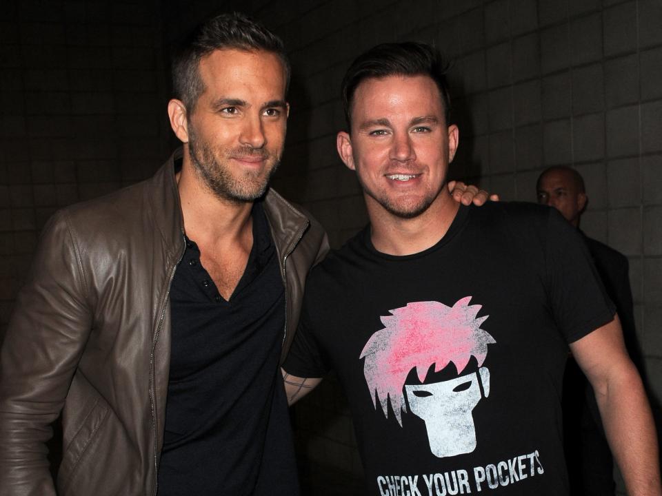 SAN DIEGO, CA - JULY 11:  Actors Ryan Reynolds (L) and Channing Tatum pose at the 20th Century FOX panel during Comic-Con International 2015 at the San Diego Convention Center on July 11, 2015 in San Diego, California.  (Photo by Albert L. Ortega/Getty Images)