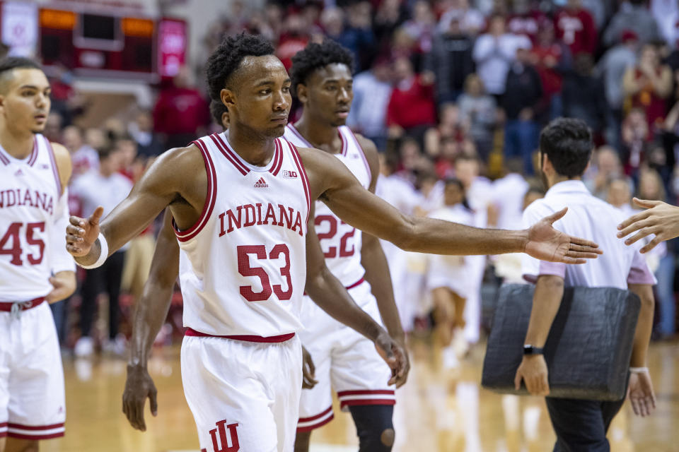 Indiana guard Tamar Bates (53) reacts after the team's win over Nebraska in a NCAA college basketball game, Saturday, Dec. 4, 2021, in Bloomington, Ind. (AP Photo/Doug McSchooler)