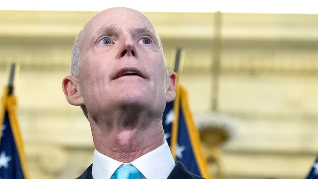 Sen. Rick Scott (R-Fla.) comments on the Durham Report during a post-luncheon press conference on Capitol Hill on Tuesday, February 15, 2022.