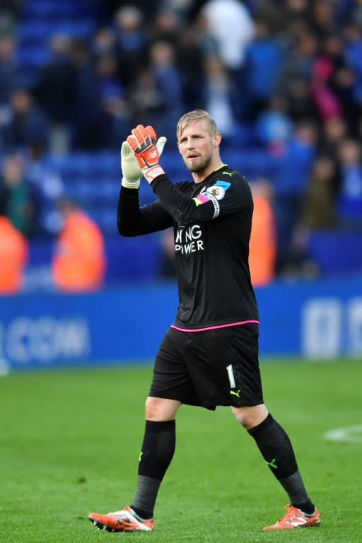 Leicester City's goalkeeper Kasper Schmeichel applauds at the end of their English Premier League match against Stoke City, at King Power Stadium in Leicester, on April 1, 2017