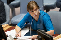 Kersti Kaljulaid, president of Estonia, speaks during a meeting of the United Nations Security Council, Thursday, Sept. 23, 2021, during the 76th Session of the U.N. General Assembly in New York. (AP Photo/John Minchillo, Pool)