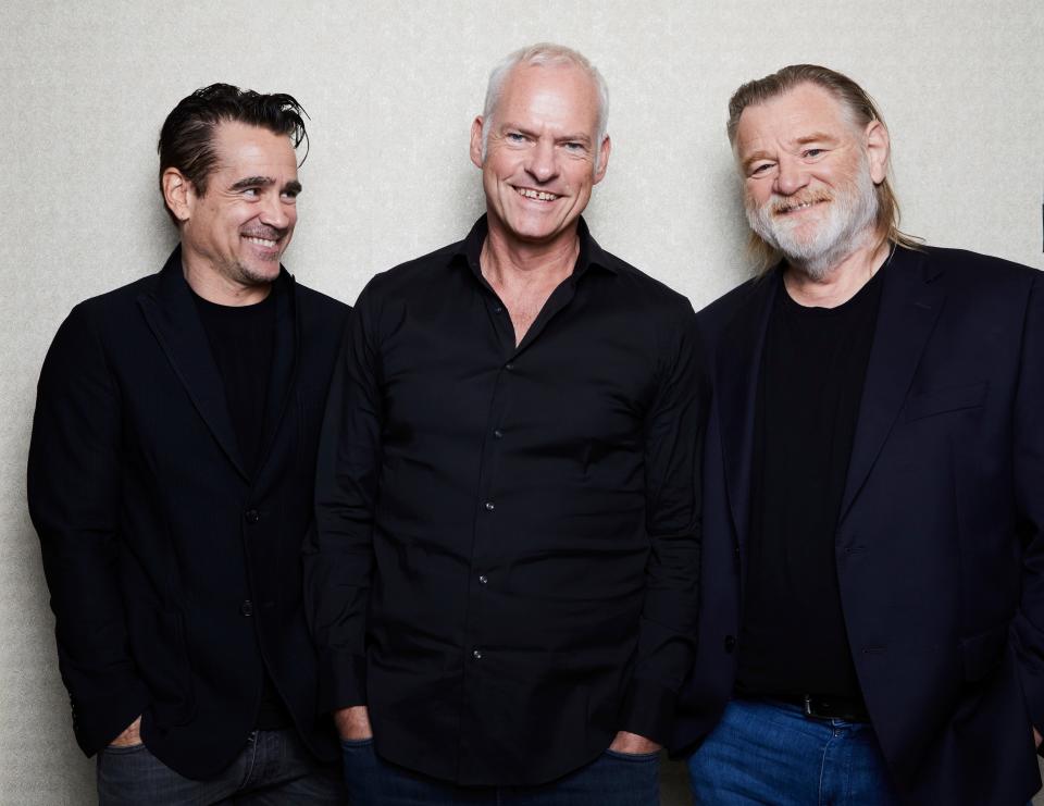 "The Banshees of Inisherin" director Martin McDonagh, center, with stars Colin Farrell, left, and Brendan Gleeson.