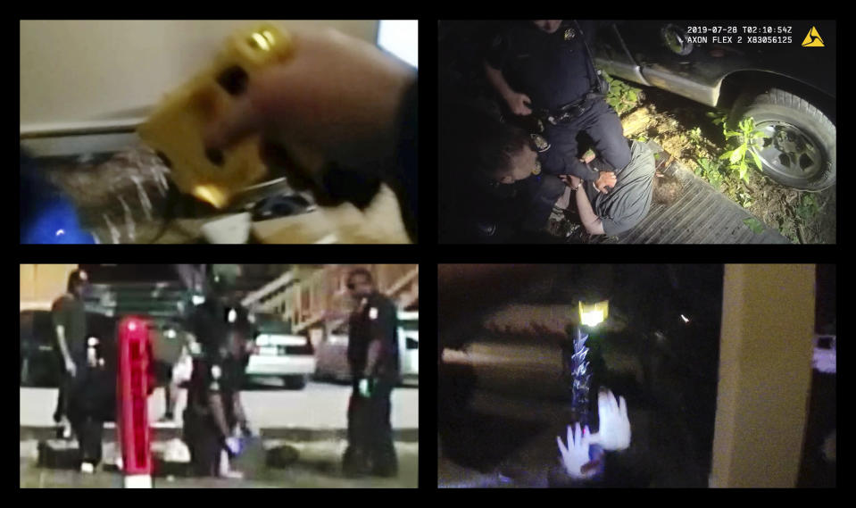 This combination of images from body-camera videos shows police encounters with, top row from left, Jeffrey Melvin in Colorado in 2018, Johnathan Binkley in Tennessee in 2019; bottom row from left, Bradford Macomber in Mississippi in 2016 and Samuel Celestin in Florida in 2019. Police officers in hundreds of deadly encounters across the United States violated well-known law enforcement guidelines that prescribe the safest ways to restrain, subdue and arrest people, an Associated Press investigation has found. (Colorado Springs Police Department, Knox County Sheriff's Office, Gulfport Police Department, Ocoee Police Department via AP)