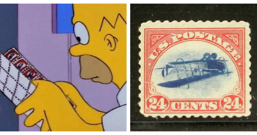 美國一張知名的「倒飛機」郵票因為印刷錯誤停產，身價翻漲8300多倍，甚至還曾在美國卡通《辛普森家庭》中出現過。（圖／翻攝自推特、達志／美聯社）