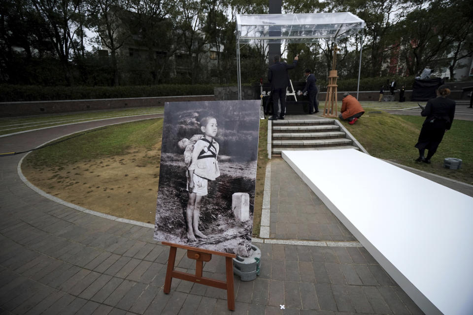 Staff prepares for Pope Francis visit at the Atomic Bomb Hypocenter Park, Sunday, Nov. 24, 2019, in Nagasaki, Japan. (AP Photo/Eugene Hoshiko)