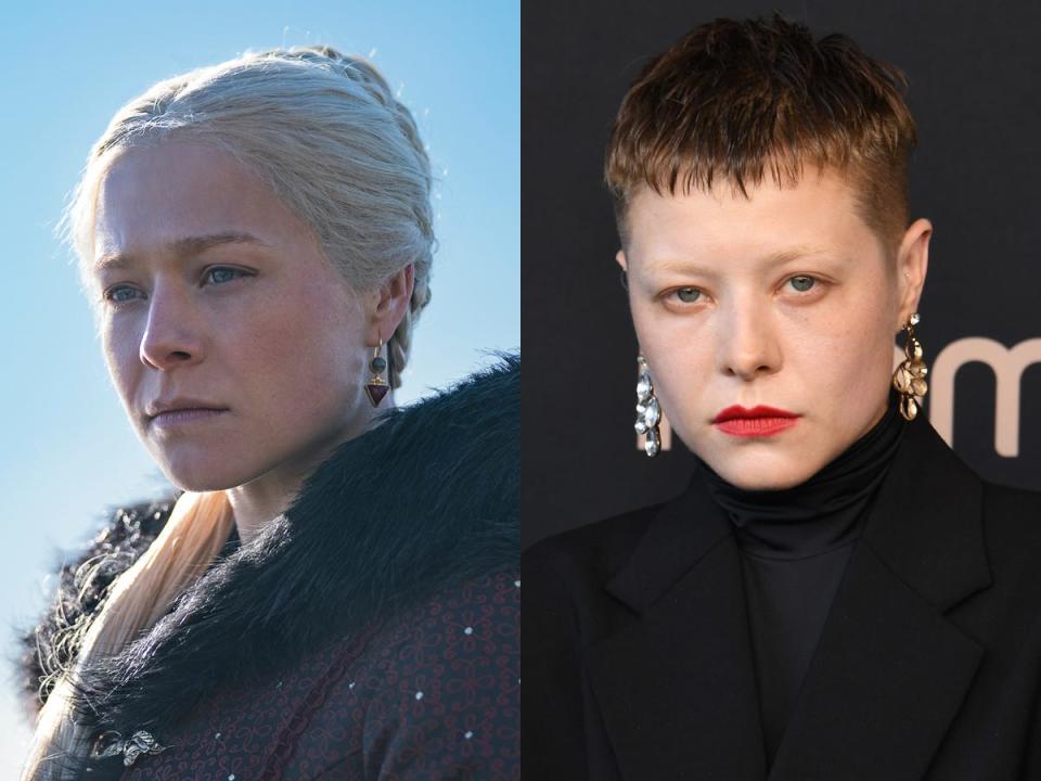 A side-by-side image of a character (Rhaenrya Targaryen) in "House of the Dragon" and actor Emma D'Arcy.