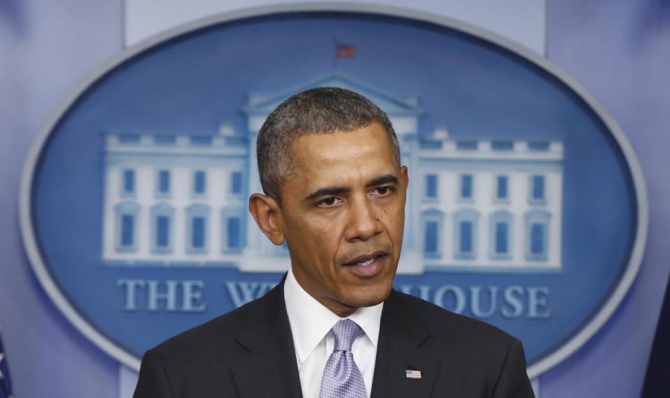 President Barack Obama speaks about Ukraine in the James Brady Press Briefing Room at the White House in Washington, Friday, Feb. 28, 2014. Obama's statement comes as his administration is expressing growing concern over Russian intentions in Ukraine. Secretary of State John Kerry delivered a blunt warning Friday to Moscow against military moves in the country's southern Crimea region that could further inflame tensions. (AP Photo/Charles Dharapak)