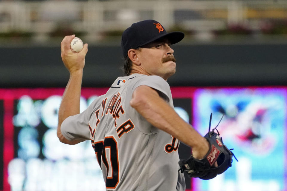 Detroit Tigers pitcher Tyler Alexander throws against the Minnesota Twins in the first inning of a baseball game, Tuesday, Sept. 28, 2021, in Minneapolis. (AP Photo/Jim Mone)