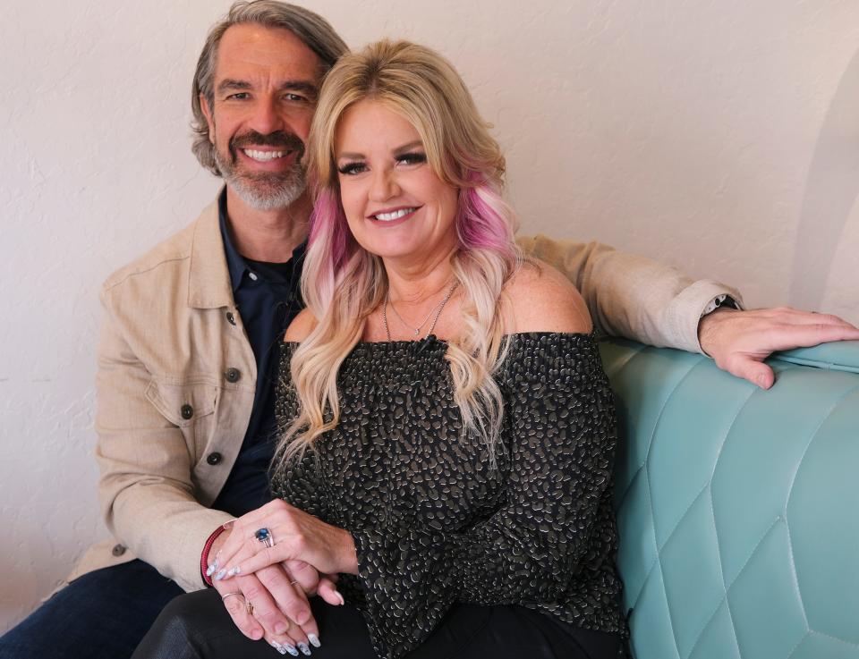 Pam and Jeremy Salda, an Oklahoma City couple whose in-flight wedding has gone viral, talk about the experience at Not Your Average Joe coffee shop on Tuesday.