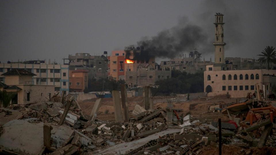 Smoke rises following an Israeli strike on a building in Bureij refugee camp, in the central Gaza Strip in April 2024