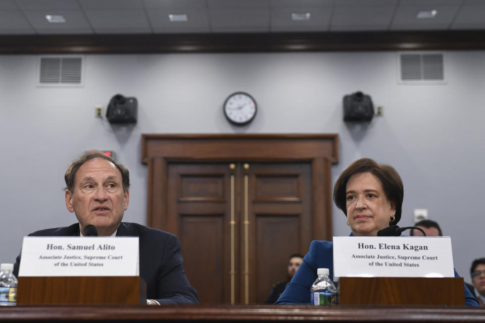 Supreme Court Justices Samuel Alito, left, and Elena Kagan, right, testify before House Appropriations Committee on Capitol Hill in Washington, Thursday, March 7, 2019. (AP Photo/Susan Walsh)