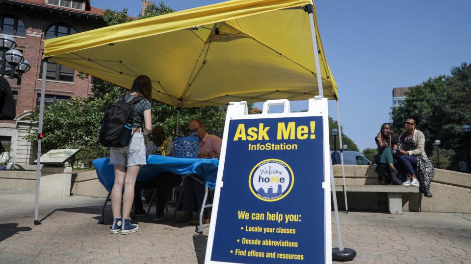 Information stations are strategically placed around the campus to help direct students to classes and other resources after the internet went down on the University of Michigan campus in Ann Arbor, Mich. on Tuesday, Aug. 29, 2023. The Information Assurance team at the university shut down the internet at all the campuses on Sunday, Aug. 27 at 1:45 p.m. after a significant security concern was found.