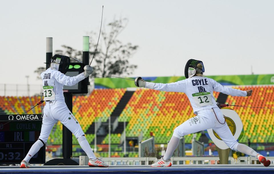 Natalya Coyle of Ireland competing against Chloe Esposito of Australia during the fencing bonus round of the Women's Modern Pentathlon in Deodora Stadium during the 2016 Rio Summer Olympic Games in Rio de Janeiro, Brazil.