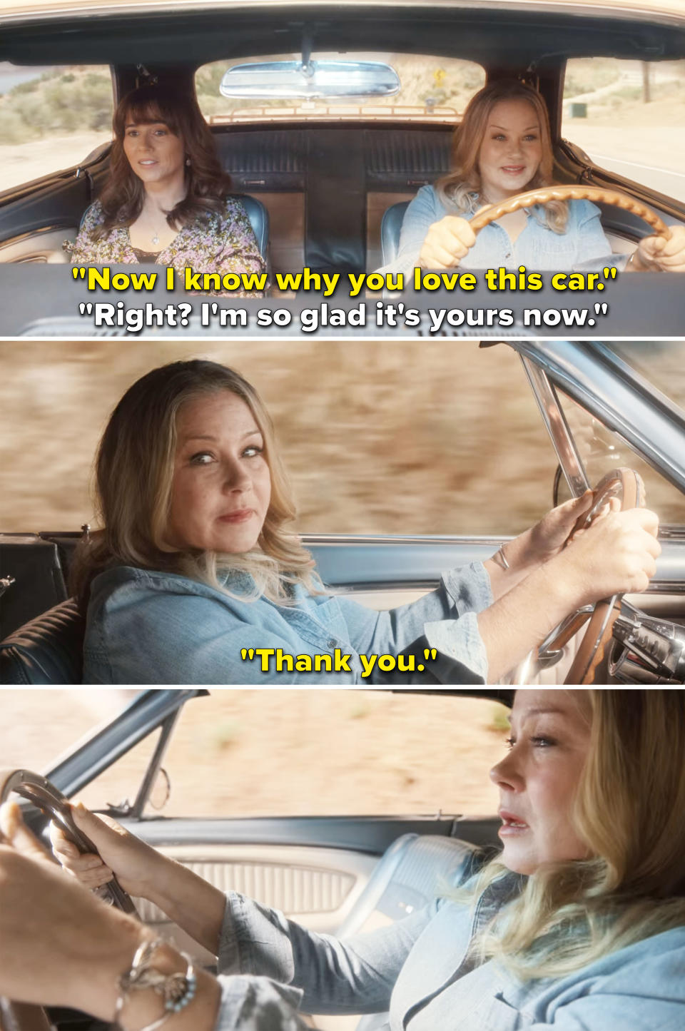 Jen and Judy riding in a car in a scene from "Dead to Me"