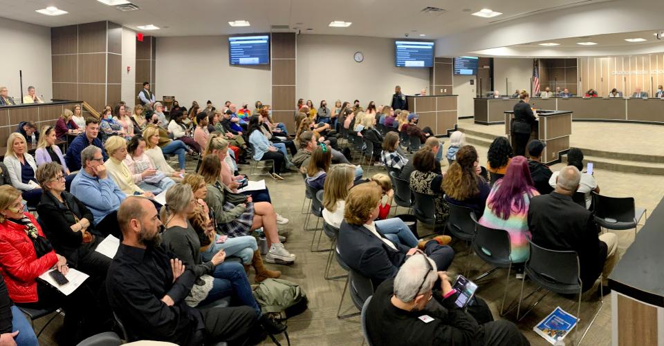 The Caddo Parish School Board meeting was packed Tuesday afternoon, March 15, 2022 with those in defense and in protest of a nonbinary teacher.