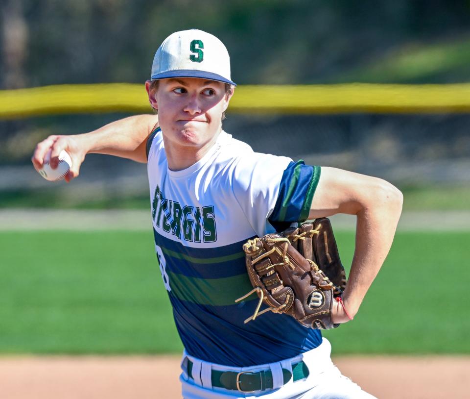 Sturgis starter James Hereford delivers against Upper Cape Tech.