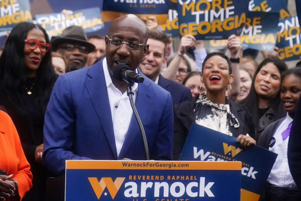 FILE - Sen. Raphael Warnock, D-Ga., speaks during a news conference, Nov. 10, 2022, in Atlanta. Warnock is running against Republican Herschel Walker in a runoff election. (AP Photo/Brynn Anderson, File)