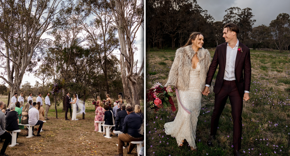 Left - Sophie and Nathan getting married under trees. Right - them walking through their bush block after getting married.