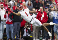 Maryland's Kaden Prather (1) dives for a pass just out of reach against Nebraska during the second half of an NCAA college football game Saturday, Nov. 11, 2023, in Lincoln, Neb. (AP Photo/Rebecca S. Gratz)