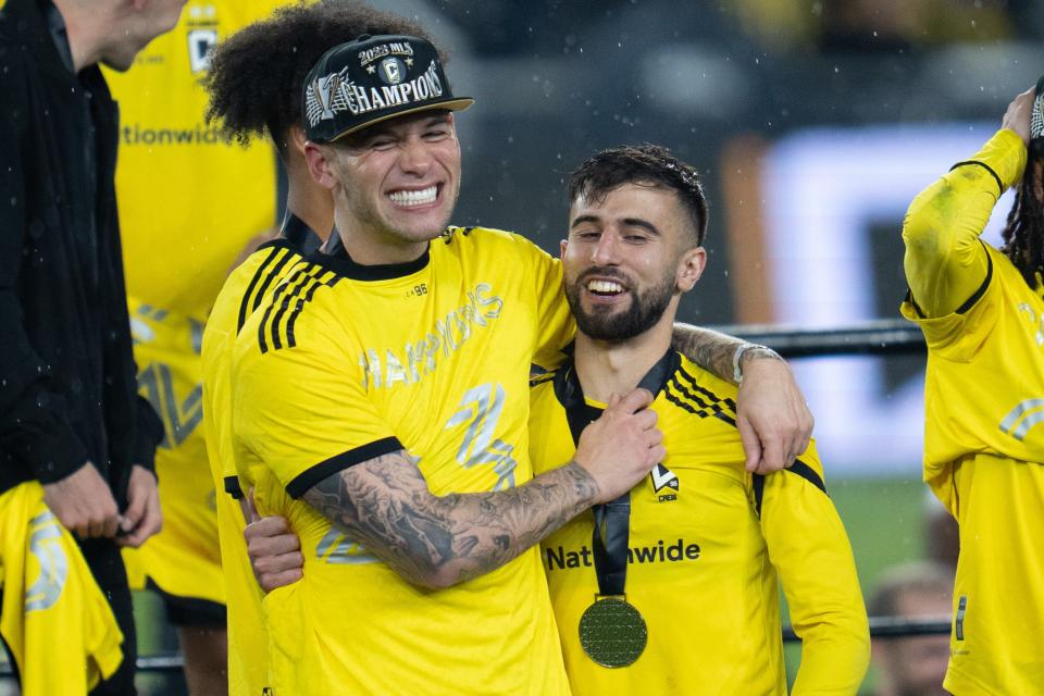 Dec 9, 2023; Columbus, OH, USA;
Columbus Crew celebrates their 2-1 win against Los Angeles FC on Saturday, Dec. 9, 2023 at Lower.com Field for the 2023 MLS Cup championship game.