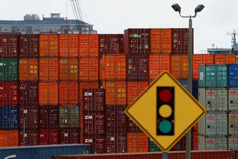 Containers are stacked at the Portsmouth Marine Terminal