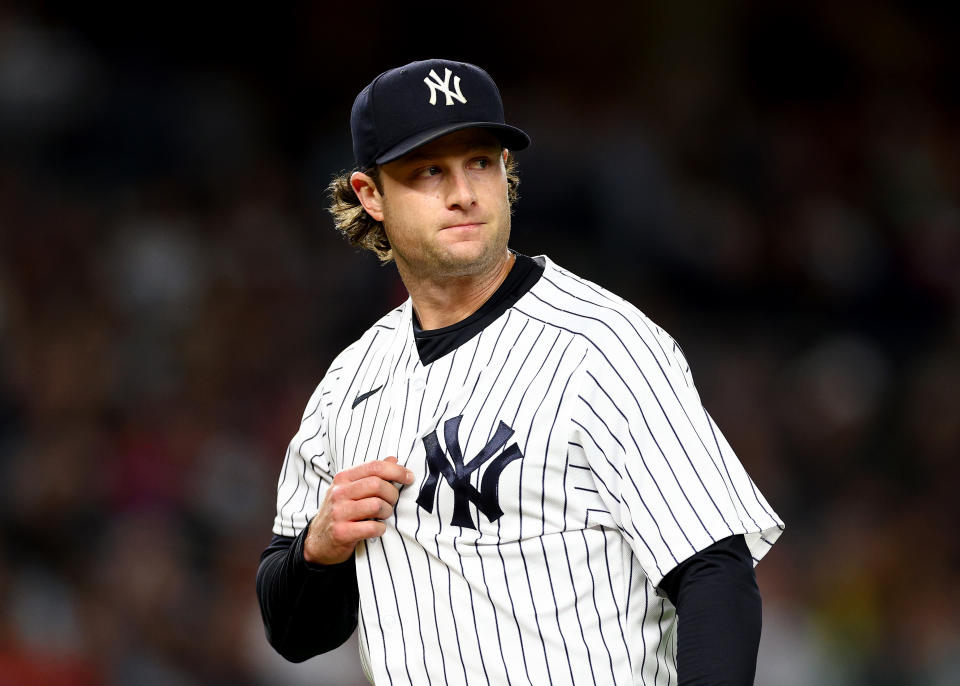 NEW YORK, NEW YORK - SEPTEMBER 23: Gerrit Cole #45 of the New York Yankees heads into the dugout in the third inning against the Boston Red Sox at Yankee Stadium on September 23, 2022 in the Bronx borough of New York City.  (Photo by Elsa/Getty Images)