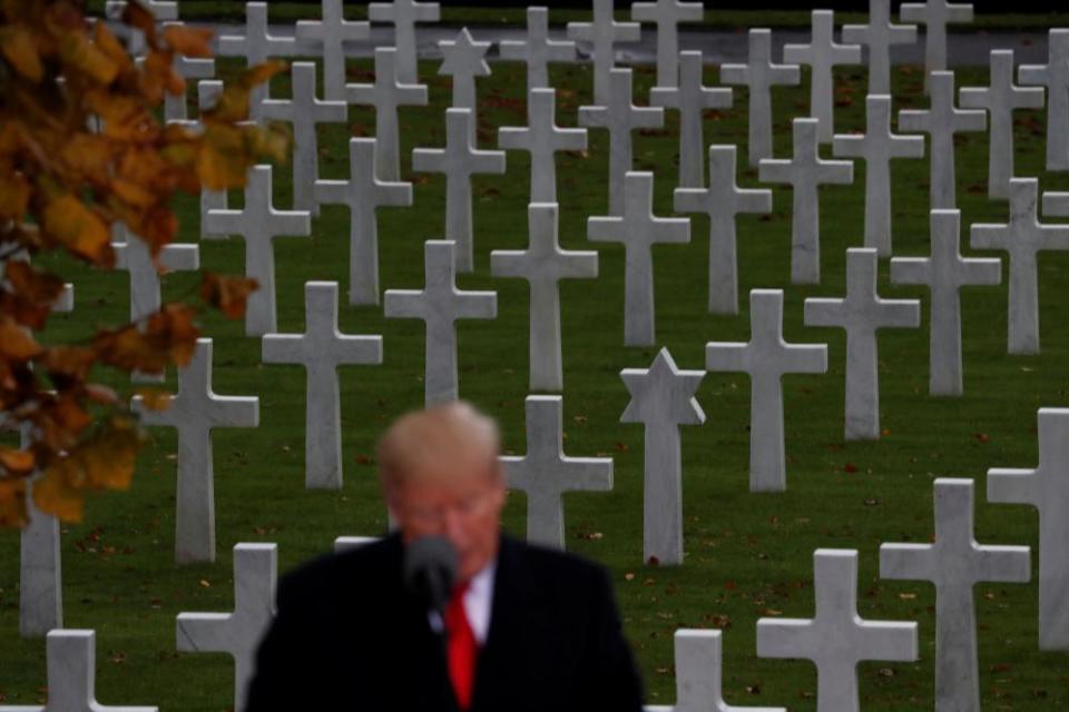 Trump speaks as he takes part in the commemoration ceremony for Armistice Day at the Suresnes American Cemetery and Memorial in Paris, France, on 11 November 2018.