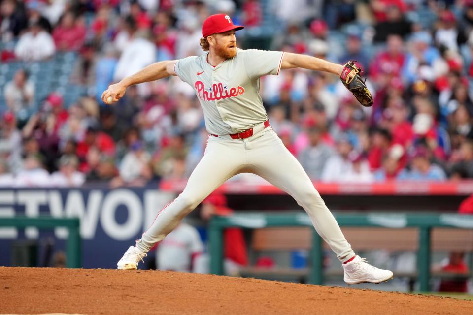 Philadelphia Phillies pitcher Spencer Turnbull (22) throws in the second inning against the Los Angeles Angels Tuesday, April 30, 2024, at Angel Stadium in Anaheim, California.