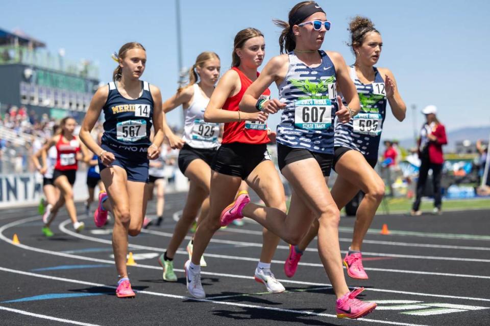Mountain View’s Rilyn Stevens takes off from the start of the 5A girls 1,600 meters at the Idaho high school state track and field championships.