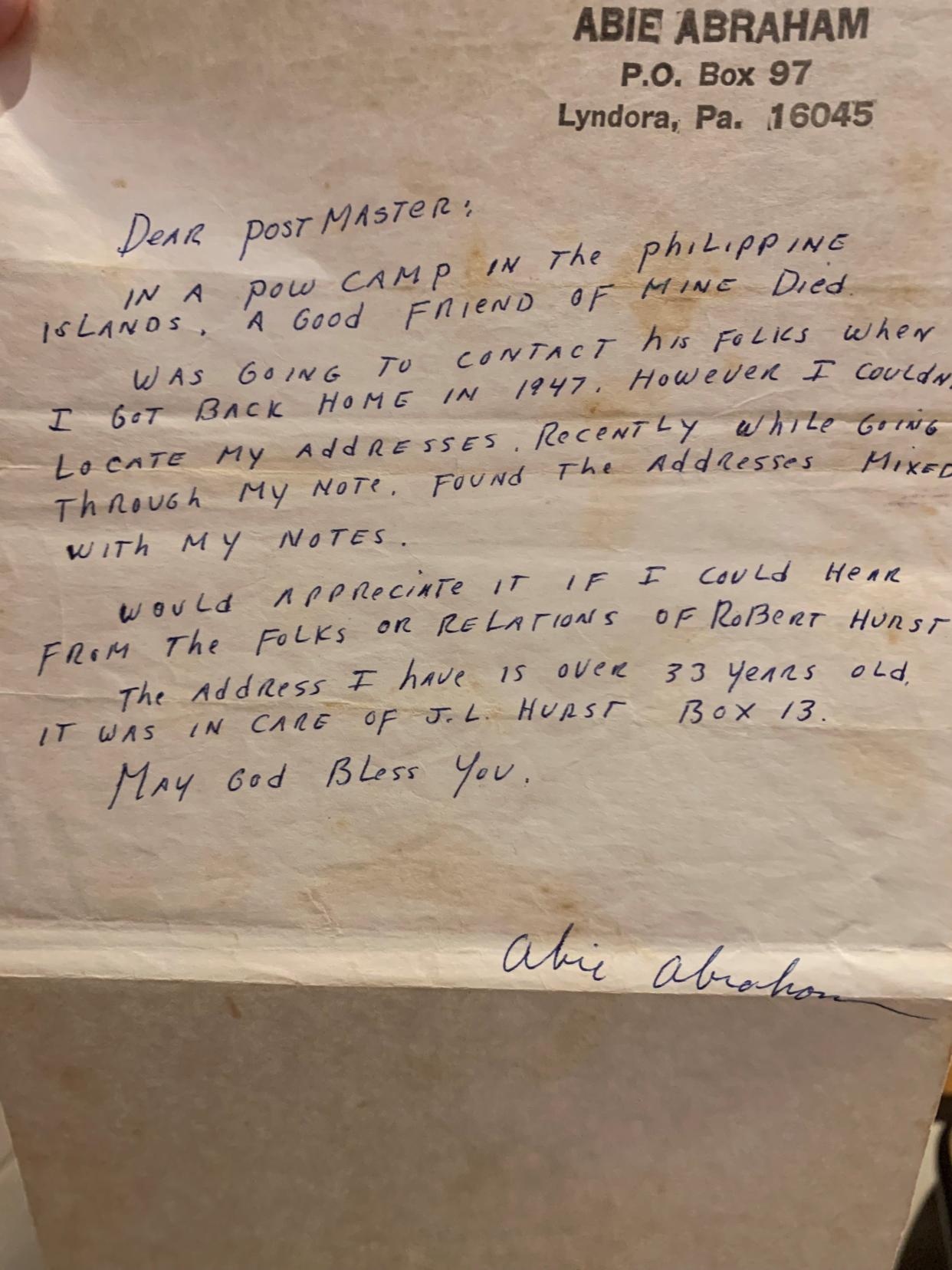 In this undated letter from the 1970s, Abie Abraham, a former Army sergeant who said he knew Robert Lee Hurst, writes the Wabasso postmaster in an effort to reach the late GI's family. Hurst died in a Japanese POW camp following the Bataan Death March in 1942.