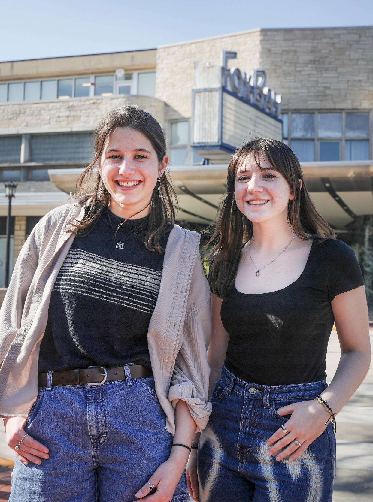 Sophie Hatton, left, and Anna Olsson stand in front of the Fox-Bay Theater Wednesday, May 10, 2023, at 334 E. Silver Spring Drive, Whitefish Bay, Wis. The Whitefish Bay High School students are using the Fox-Bay Theater for their high school film festival. “We are excited to gather as a community, especially after COVID, plus seeing student films is really fun,“ they said.