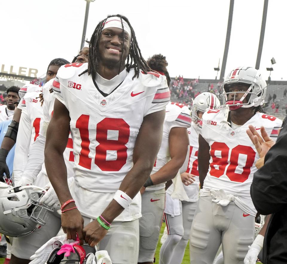 Oct. 14, 2023; Lafayette, In., USA; 
Ohio State Buckeyes wide receiver Marvin Harrison Jr. (18) was all smiles after a 41-7 win over the Purdue Boilermakers in Saturday's NCAA Division I football game at Ross-Ade Stadium in Lafayette.