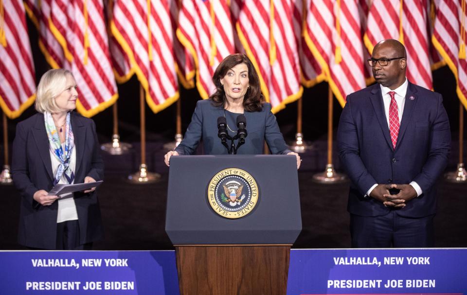 New York Governor Kathy Hochul speaks at Westchester Community College in Valhalla, N.Y. May 10, 2023. Hochul, along with Sen. Kirsten Gillibrand and U.S. Rep. Jamaal Bowman, spoke before President Joe Biden spoke. Biden urged the U.S. Congress to agree to raise the debt limit to avoid the nation defaulting on its debts.