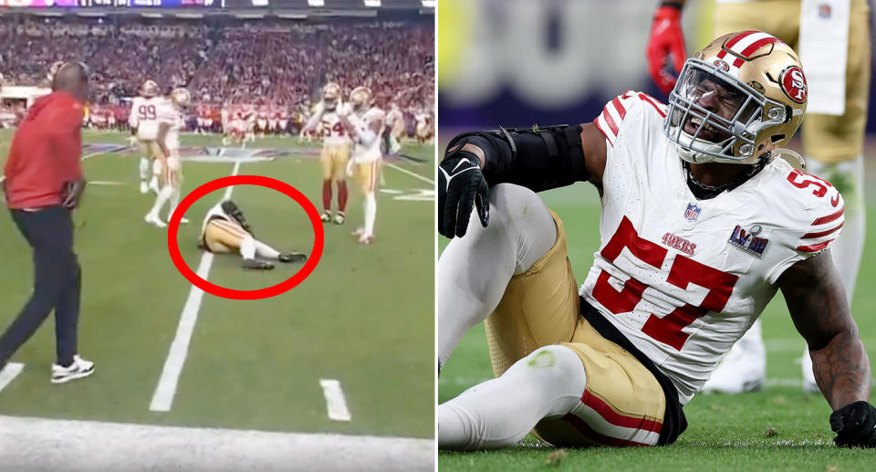 Drew Greenlaw's injury in the second quarter marred a great first half for San Francisco in the Super Bowl against Kansas City.  Pic: CBS Sports/Getty