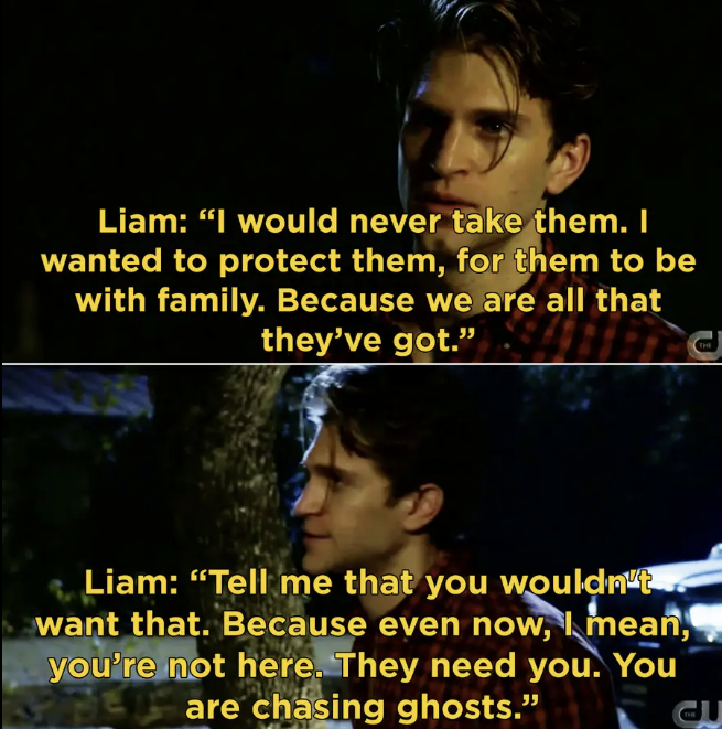 Liam saying, "Tell me that you wouldn't want that. Because even now, I mean, you're not here. They need you. You are chasing ghosts."