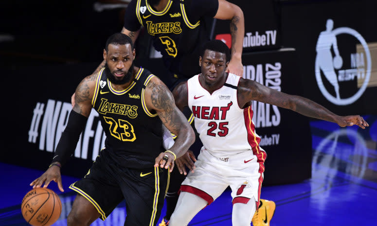 Miami Heat guard Kendrick Nunn guards Los Angeles Lakers forward LeBron James in the 2020 NBA Finals.