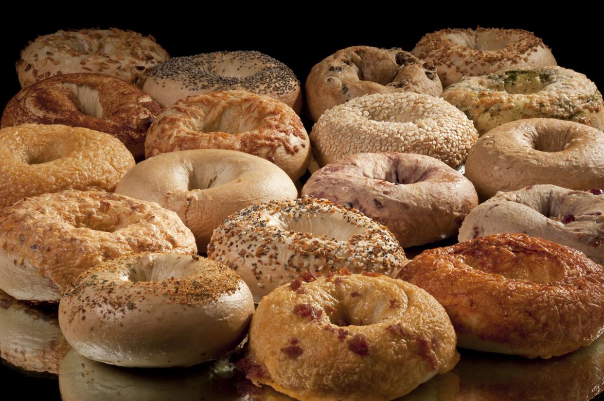 Close up of assorted bagels.