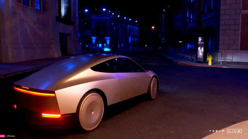 Tesla's robotaxi is seen as it is unveiled at an event in Los Angeles