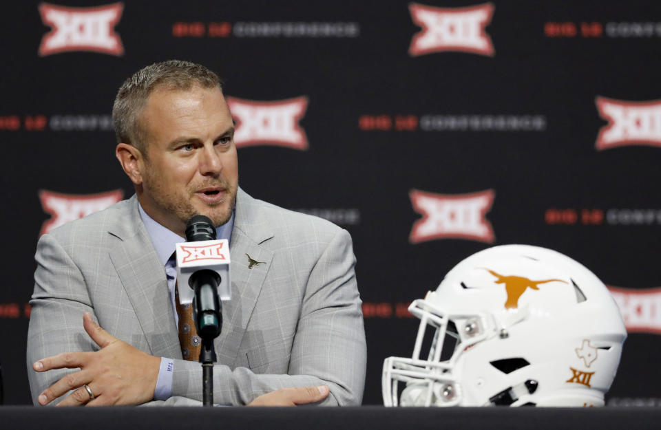 Texas head coach Tom Herman speaks during Big 12 Conference NCAA college football media day Tuesday, July 16, 2019, at AT&T Stadium in Arlington, Texas. (AP Photo/David Kent)