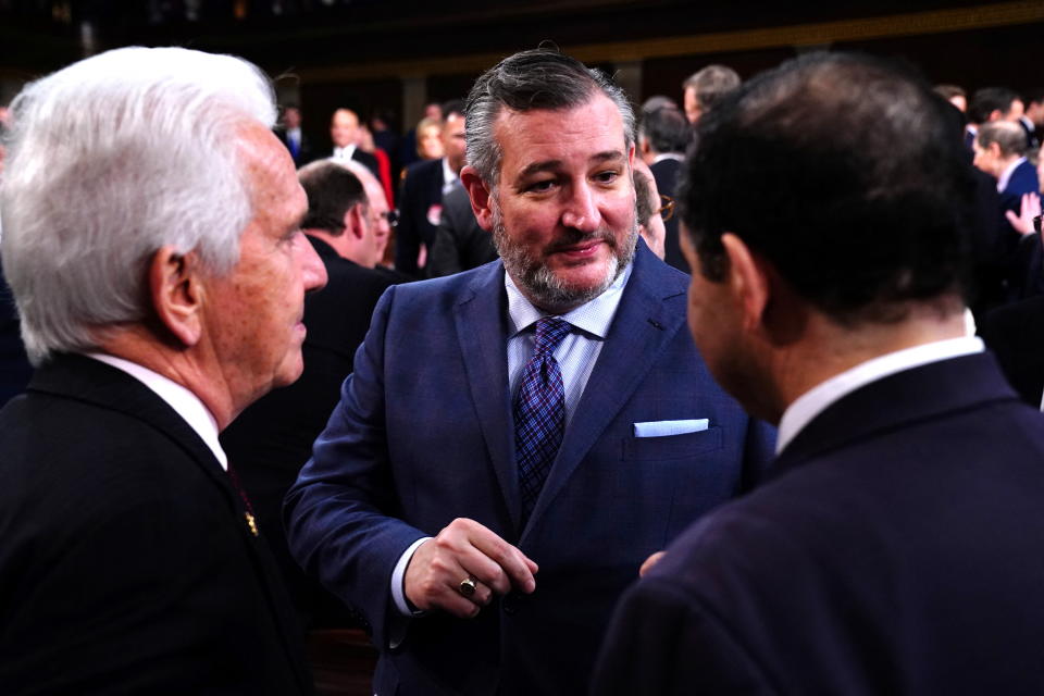 Republican Senator from Texas Ted Cruz chats in the House of Representatives ahead of US President Joe Biden's third State of the Union address to a joint session of Congress in the US Capitol in Washington, DC, USA, 07 March 2024.     SHAWN THEW/Pool via REUTERS