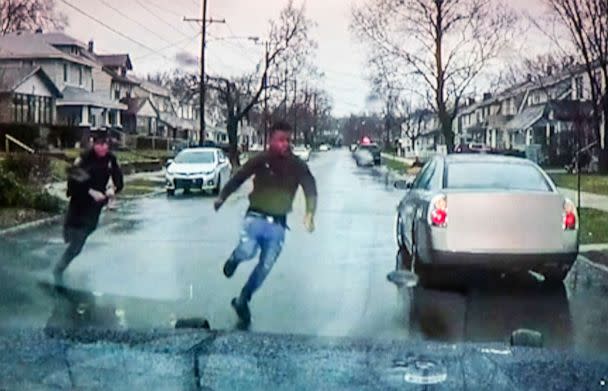 PHOTO: A  monitor displays video evidence of a Grand Rapids police officer struggling with and shooting Patrick Lyoya, during a press conference in Grand Rapids, Mich., April 13, 2022. (Grand Rapids Police Department via AP)