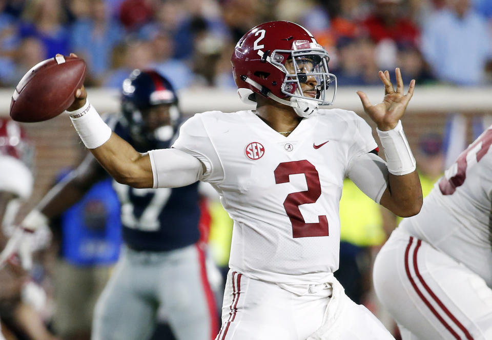 Alabama quarterback Jalen Hurts (2) passes against Mississippi during the first half of their NCAA college football game on Saturday, Sept. 15, 2018, in Oxford, Miss. (AP Photo/Rogelio V. Solis)