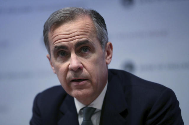 The Governor of the Bank of England, Mark Carney speaks during a news conference at the Bank of England in London, Thursday Feb. 7, 2019. The Bank of England said that Brexit uncertainties and a weaker global economy overall, mean that British growth in 2019 is likely to be 1.2 percent, and they will keep its main interest rate at 0.75 percent. (Hannah McKay/Pool via AP)
