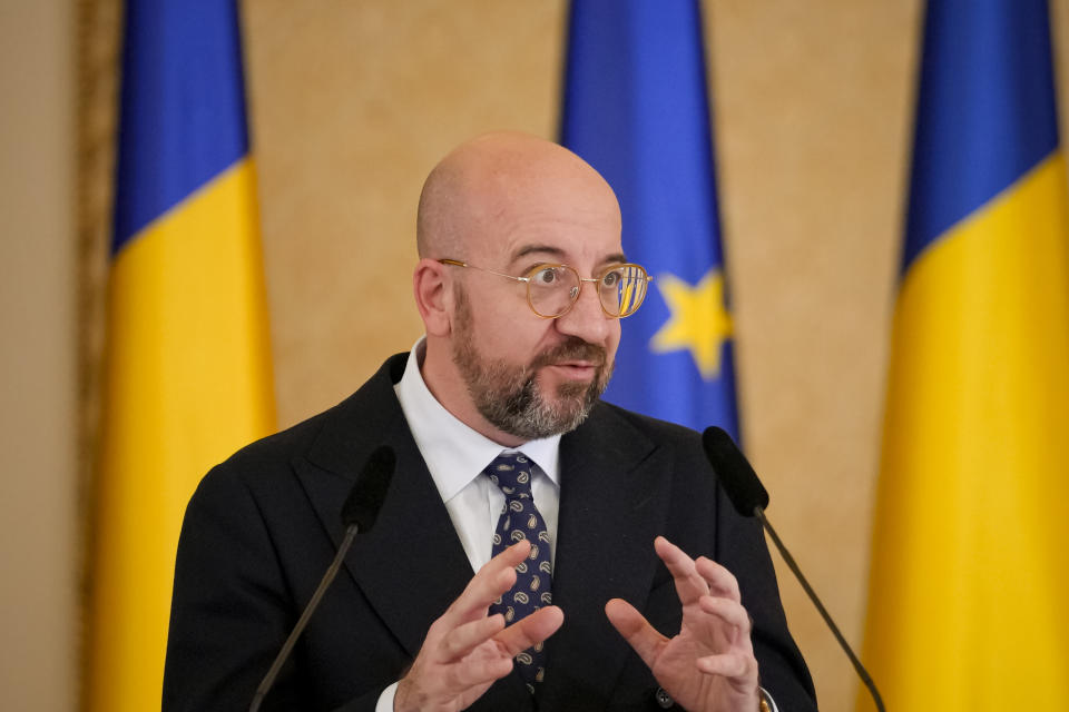 European Council President Charles Michel gestures during joint statements with Romanian President Klaus Iohannis at the Cotroceni Presidential Palace in Bucharest, Romania, Monday, March 27, 2023. (AP Photo/Andreea Alexandru)