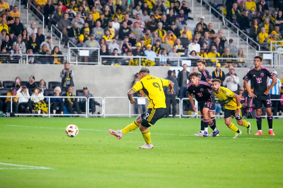 Oct 2, 2024; Columbus, OH, USA; Columbus Crew forward Cucho Hernandez (9) shoots and scores a goal in the second half at Lower.com Field.