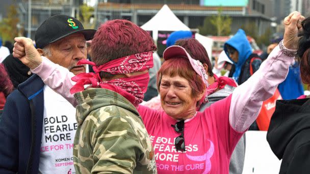 PHOTO: Judy Smith, a two time cancer survivor, gives a big hug to her great grandson  during the Celebration and Survivor Ceremony during the 25th annual Komen Colorado Race for the Cure on Sept. 24, 2017 in Denver. (Helen H. Richardson/Denver Post via Getty Images, FILE)