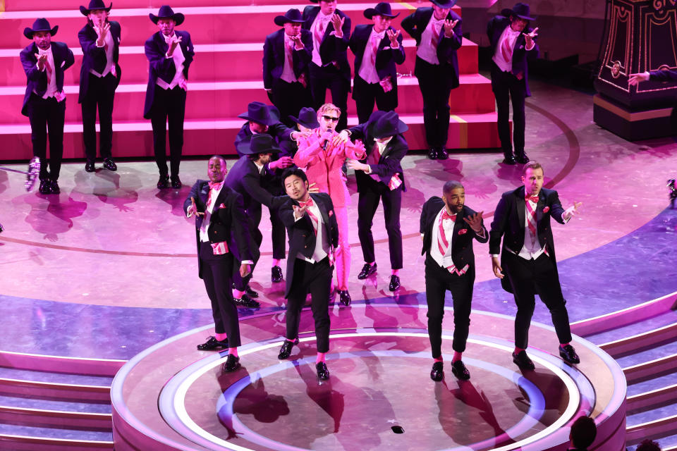 Ncuti Gatwa, Simu Liu, Ryan Gosling, Kingsley Ben-Adir and Scott Evans perform "I'm Just Ken" at the 96th Annual Oscars held at Dolby Theatre on March 10, 2024 in Los Angeles, California. (Photo by Rich Polk/Variety via Getty Images)