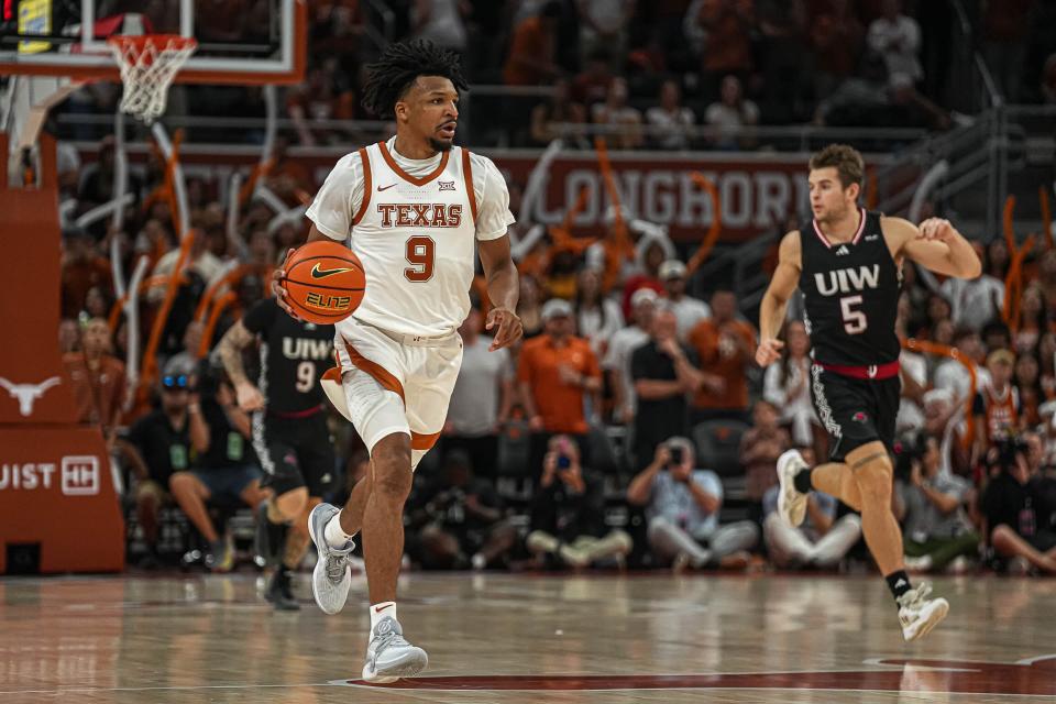 Texas guard Ithiel Horton brings the ball upcourt during the Longhorns' 88-56 win over Incarnate Word at Moody Center on Monday. Horton scored a team-high 17 points in his Texas debut.